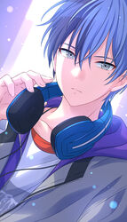  1boy aoyagi_touya backlighting bad_id bad_pixiv_id blue_hair close-up closed_mouth collarbone commentary dot_nose dutch_angle fingernails grey_eyes grey_hoodie hair_between_eyes hand_on_headphones hand_up headphones headphones_around_neck highres hood hood_down hoodie lens_flare light_blue_hair light_particles looking_at_viewer male_focus mole mole_under_eye multicolored_hair official_style open_clothes open_hoodie project_sekai purple_hood sekina serious shirt short_hair split-color_hair tsurime two-tone_hair upper_body white_shirt 