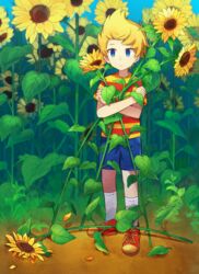  0mzum1 1boy blonde_hair blue_eyes field flower flower_field highres holding holding_flower lucas_(mother_3) male_focus mother_(game) mother_3 shirt shoes short_hair shorts socks solo striped_clothes striped_shirt sunflower sunflower_field 