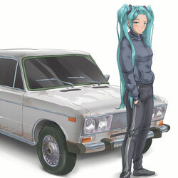  absurdres alternate_costume alternate_hairstyle aqua_hair blue_eyes car closed_mouth commentary female gopnik hair_ornament hairclip half-closed_eyes hands_in_pockets hatsune_miku highres iskanderednaksi jacket lada_(car) long_hair looking_at_viewer motor_vehicle pants raised_eyebrow shoes simple_background solo standing track_jacket track_pants twintails vehicle_focus vocaloid white_background white_car 