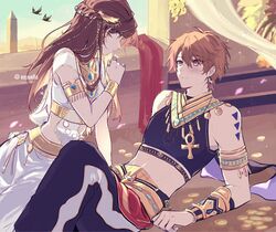  1boy armlet blue_sky blush brown_eyes brown_hair closed_mouth coin earrings egyptian_clothes female green_eyes hair_ornament highres jewelry long_hair looking_at_another luke_pearce_(tears_of_themis) lying mao_(expuella) necklace on_back open_mouth outdoors rosa_(tears_of_themis) short_hair sky sleeveless tattoo tears_of_themis teeth 