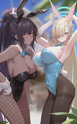  2girls animal_ears armpits arms_up asuna_(blue_archive) asuna_(bunny)_(blue_archive) asymmetrical_bangs black_hair black_leotard black_pantyhose blue_archive blue_bow blue_bowtie blue_eyes blue_leotard blue_ribbon blurry blurry_background bow bowtie breasts chilakkk cleavage closed_mouth commentary dark-skinned_female dark_skin detached_collar fake_animal_ears fake_tail fishnet_pantyhose fishnets gloves hair_over_one_eye hair_ribbon halo highres karin_(blue_archive) karin_(bunny)_(blue_archive) large_breasts leotard long_bangs long_hair looking_at_another looking_at_viewer multiple_girls official_alternate_costume one_eye_covered pantyhose playboy_bunny ponytail presenting_armpit rabbit_ears rabbit_tail revision ribbon sideboob smile standing strapless strapless_leotard tail twitter_username very_long_hair white_gloves yellow_eyes 