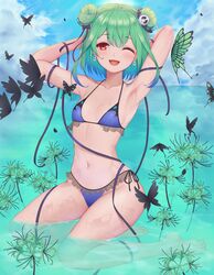  ;d absurdres animal_print armpits arms_behind_head arms_up baeg_mi bikini black_butterfly blue_bikini blue_hair blush breasts bug butterfly butterfly_print double_bun earrings female full_body gradient_hair green_hair hair_bun hair_ornament hair_ribbon halterneck highleg highleg_bikini highres hololive jewelry kneeling medium_hair multicolored_hair ocean one_eye_closed open_mouth outdoors red_eyes ribbon side-tie_bikini_bottom sidelocks skull_earrings skull_hair_ornament small_breasts smile solo string_bikini swimsuit uruha_rushia virtual_youtuber 