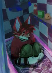  absurd_res alternative_fashion anthro bad_dragon bathtub bottomwear canid canine clothing curtains danniemang ear_piercing emo existential_crisis fox fur gradient_hair hair hi_res male mammal phong_(danniemang) piercing shower_head solo tan_body tan_fur topwear water wet wet_clothing 