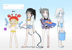  4girls agoshi_sakina alternate_costume bikini black_bikini black_hair blonde_hair blue_background blue_eyes blue_one-piece_swimsuit brown_eyes bucket casual_one-piece_swimsuit commentary_request crab_hat denim denim_shorts dual_wielding flip-flops folded_ponytail frilled_bikini frilled_one-piece_swimsuit frills full_body gradient_background grey_hair hair_horns highres holding holding_bucket holding_hose holding_water_gun hose jacket jacket_partially_removed kokaki_mumose lineup looking_at_viewer medium_hair multiple_girls null-meta one-piece_swimsuit open_fly partially_unzipped ponytail purple_jacket raised_eyebrow sandals screenshot_inset short_hair shorts sidelocks souen_chiaki standing striped_bikini striped_clothes swimsuit takada_shiyuki translation_request uneven_eyes uozumi_kurumi v-shaped_eyebrows v_arms vertical-striped_bikini vertical-striped_clothes w_arms water_gun wavy_hair white_hair yellow_bikini yellow_eyes 