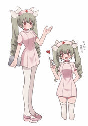  absurdres anchovy_(girls_und_panzer) arm_behind_back clipboard closed_mouth commentary cropped_legs dress drill_hair female gesture girls_und_panzer green_hair hair_ribbon hat heart highres holding holding_clipboard holding_syringe long_hair looking_at_viewer mary_janes nurse nurse_cap open_mouth pantyhose pink_dress pink_footwear pink_hat red_eyes ri_(qrcode) ribbon shoes short_dress short_sleeves simple_background smile solo standing syringe thighhighs twin_drills twintails white_background white_pantyhose white_ribbon white_thighhighs 