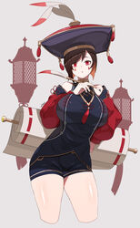  black_dress black_shorts breast_suppress breasts brown_hair china_dress chinese_clothes commentary cowboy_shot cropped_legs curvy detached_sleeves dress facepaint female flower_knot gold_trim grey_background guardian_tales hand_on_own_hip hat hat_feather highres holding holding_paintbrush lantern large_breasts looking_at_viewer md5_mismatch paintbrush parted_lips red_eyes resolution_mismatch scrivener_lahn scroll short_hair short_shorts shorts shorts_under_dress signature simple_background solo source_smaller swept_bangs tassel thighs ub1mo 