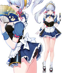  95--- absurdres alternate_costume apron armor ass black_footwear black_panties blue_eyes blunt_bangs blush breasts chinese_commentary cleavage closed_mouth corset covered_mouth elbow_gloves enmaided facing_viewer fan_over_face faulds female folding_fan frilled_skirt frills from_side full_body genshin_impact gloves grey_hair hair_ribbon hairband hand_fan highres holding holding_fan kamisato_ayaka legs long_hair looking_at_viewer maid maid_apron maid_headdress mary_janes medium_breasts multiple_views panties ponytail raised_eyebrows ribbon shoes sidelocks simple_background skirt standing tassel thighs tress_ribbon underwear white_background white_gloves wrist_cuffs 