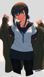  artist_name black_hair black_pantyhose black_sailor_collar black_skirt blue_neckerchief blush coat cowboy_shot cropped_jacket cropped_legs ergot female fubuki_(kancolle) fubuki_kai_ni_(kancolle) green_eyes grey_background grey_coat highres kantai_collection long_hair looking_at_viewer low_ponytail neckerchief nose_blush open_clothes open_coat pantyhose pleated_skirt sailor_collar short_ponytail sidelocks simple_background skirt solo standing 