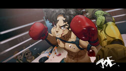  3boys abs black_hair blood blood_on_face boxing_gloves boxing_ring brown_eyes character_name cheese_kang exoskeleton eyepatch gear_(megalo_box) gloves hat highres joe_(megalo_box) letterboxed looking_at_viewer male_focus megalo_box multiple_boys nanbu_gansatsu photoshop_(medium) pov pov_hands punching red_gloves sachio_(megalo_box) scar standing sweat tan 