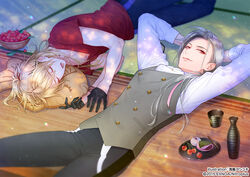  2boys arms_behind_head asajima_yoshiyuki black_gloves blonde_hair cherry closed_eyes commentary_request daihannya_nagamitsu_(touken_ranbu) food fruit gloves grey_hair hair_ornament hairclip kouryuu_kagemitsu leaf light_particles lying male_focus multiple_boys official_art on_back on_side pants pillow ponytail red_eyes sakura_mochi sleeping smile touken_ranbu track_pants wagashi waistcoat 