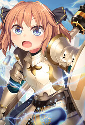  ammunition armor blue_eyes blush brown_hair cosplay fate/grand_order fate_(series) female gareth_(fate) gareth_(fate)_(cosplay) gauntlets hachijou_(kancolle) highres kantai_collection lance open_mouth polearm shield short_hair solo upper_body weapon yasume_yukito 