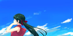  alternate_costume blue_sky casual dated dress female from_side green_eyes green_hair hair_ribbon kantai_collection long_hair looking_to_the_side mikuma_(kancolle) official_alternate_costume one-hour_drawing_challenge polka_dot polka_dot_dress red_dress red_ribbon ribbon sky solo takuzui twintails twitter_username upper_body 