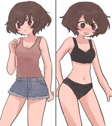  akiyama_yukari black_panties black_sports_bra blue_shorts blush breasts brown_eyes brown_hair brown_tank_top casual closed_mouth clothes_on/clothes_off cowboy_shot cutoffs denim denim_shorts female frown girls_und_panzer looking_at_viewer medium_breasts messy_hair multiple_views navel open_mouth panties ri_(qrcode) short_hair short_shorts shorts simple_background smile sports_bra standing sweatdrop tank_top underwear underwear_only white_background 