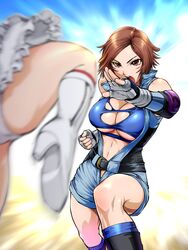  2girls ass battle belt boots breasts brown_eyes brown_hair cleavage curvy emilie_de_rochefort female female_only female_with_female fingerless_gloves gloves kazama_asuka knee_boots large_ass large_breasts multiple_girls namco panties pantyshot skirt skirt_lift sky tekken tekken_5_dark_resurrection torn_clothes ueyama_michirou underwear yuri 