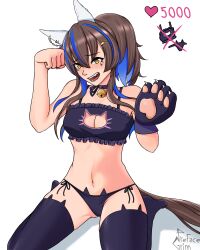  absurdres animal_ear_legwear animal_hands bell black_bra black_panties black_thighhighs blue_hair blush bra breasts brown_hair cat_cutout cat_ear_legwear cat_ear_panties cat_lingerie cleavage cleavage_cutout clothing_cutout colored_inner_hair commentary daitaku_helios_(umamusume) english_commentary facial_mark female full_body gloves hair_ornament highres jingle_bell long_hair looking_at_viewer medium_breasts multicolored_hair neck_bell open_mouth panties paw_gloves paw_pose prefacegrim side-tie_panties simple_background single_glove solo star_(symbol) star_hair_ornament thighhighs two-tone_hair umamusume underwear white_background yellow_eyes 
