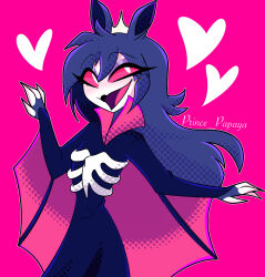  anthro avian bat_ears bat_wings beak bird bone clothed clothing crown digital_drawing_(artwork) digital_media_(artwork) dress eyelashes female goetia hair happy headgear heart_symbol hellaverse helluva_boss hi_res long_hair membrane_(anatomy) membranous_wings octavia_(helluva_boss) owl_demon pose prince_papaya signature simple_background smile solo wings 