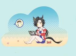  1boy air_shakur_(umamusume) animal_ears balancing_on_knee barefoot beach black_hair blush closed_mouth commentary_request computer crab ear_chain eyebrow_piercing face_piercing female full_body highres horse_ears horse_girl horse_tail jacket laptop linked_piercing long_hair long_sleeves one-piece_swimsuit open_clothes open_jacket piercing purple_one-piece_swimsuit red_jacket seashell shell sitting solo_focus starfish swimsuit tail tomohisa tracen_swimsuit track_jacket trainer_(umamusume) typing umamusume yellow_eyes 