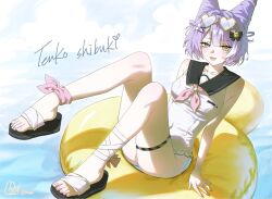  animal_ears ankle_bow ankle_ribbon black_sailor_collar black_sandals blue_bow blue_eyes bow breasts character_name cloud commentary cone_hair_bun covered_navel double_bun duck_innertube female fox_ears fox_girl frilled_one-piece_swimsuit frills goggles goggles_on_head hair_bun hair_ears hair_intakes hair_ornament hair_rings hairbow hairclip heart heart-shaped_eyewear heterochromia highres horim1613 innertube leg_ribbon looking_at_viewer multicolored_hair multiple_hairclips neckerchief on_innertube one-piece_swimsuit open_mouth pink_neckerchief pink_ribbon purple_hair ribbon sailor_collar sandals short_hair small_breasts solo stellive streaked_hair swim_ring swimsuit tenko_shibuki thigh_strap thighs untranslatable_commentary virtual_youtuber water white_one-piece_swimsuit white_streaks x_hair_ornament yellow_bow yellow_eyes 