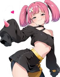  absurdres asymmetrical_legwear bandaid bandaid_hair_ornament belt black_shirt blush breasts commentary_request coral_(pokemon) female grey_eyes hair_ornament heart highres long_sleeves looking_at_viewer midriff navel nishizuki_shino oerba_yun_fang pantyhose pink_hair pokemon pokemon_(anime) pokemon_horizons shirt simple_background skirt sleeves_past_fingers sleeves_past_wrists small_breasts smile smug thighs twintails uneven_legwear white_background yellow_belt 