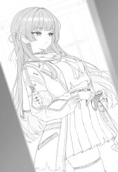  arm_cutout breasts chisa_(wuthering_waves) closed_mouth clothing_cutout commentary ddcc0123 dutch_angle female greyscale hair_ribbon highres holding holding_panties holding_underwear holding_unworn_clothes jacket long_hair medium_breasts monochrome neckerchief panties ribbon sailor_collar shirt skirt solo tacet_mark_(wuthering_waves) underwear wuthering_waves 