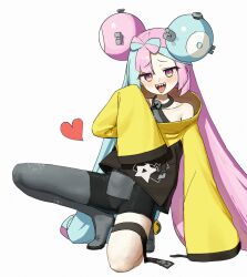  :d bike_shorts blush bow-shaped_hair character_hair_ornament collarbone commentary female grey_shirt grey_shoes hair_ornament hand_up heart highres iono_(pokemon) jacket long_sleeves open_mouth pokemon pokemon_scarlet_and_violet purple_eyes raised_inner_eyebrows sharp_teeth shirt shoes single_leg_pantyhose sleeveless sleeveless_shirt sleeves_past_fingers sleeves_past_wrists smile solo spread_legs teeth upper_teeth_only white_background yellow_jacket yukiho_(69865456) 