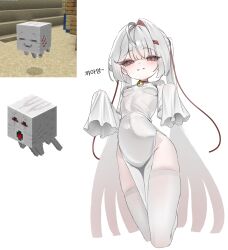  ahoge bell black_sclera breasts closed_mouth colored_sclera commentary_request covered_navel dress female ghast hair_intakes hair_ribbon happy_ghast hea_(hea1021) highres humanization jingle_bell korean_commentary long_hair long_sleeves looking_at_viewer minecraft neck_bell red_eyes red_ribbon ribbon sleeves_past_fingers sleeves_past_wrists small_breasts smile solo thighhighs white_background white_dress white_hair white_thighhighs 