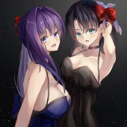  2girls :d :o absurdres aqua_eyes arm_up black_background black_choker black_dress black_hair blue_dress bow breasts choker cleavage dress fate/stay_night fate_(series) gradient_background hair_intakes hairbow highres large_breasts light_particles long_hair looking_at_viewer matou_sakura medium_breasts multiple_girls purple_eyes purple_hair red_bow smile tohsaka_rin upper_body very_long_hair wata0933 