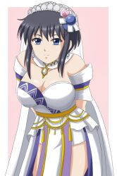  arms_behind_back belt black_hair breasts bridal_veil bride brooch choker cleavage dress earrings female fire_emblem fire_emblem:_genealogy_of_the_holy_war fire_emblem_heroes highres jewelry larcei_(bride_of_astra)_(fire_emblem) larcei_(fire_emblem) looking_at_viewer pelvic_curtain pink_background sentihistory short_hair sidelocks simple_background smile solo strapless strapless_dress thighs tiara tomboy veil wedding_dress white_dress 