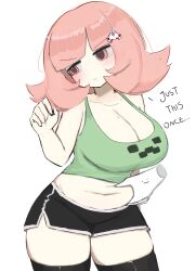 bare_shoulders black_shorts black_thighhighs breasts cleavage creeper danganronpa_(series) danganronpa_2:_goodbye_despair female flipped_hair galaga grabbing_another&#039;s_stomach green_shirt green_tank_top hair_ornament highres large_breasts long_hair m3link minecraft mole mole_on_breast nanami_chiaki navel pink_eyes pink_hair shirt shorts simple_background solo_focus tank_top taut_clothes taut_shorts thighhighs 