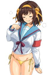  absurdres armband bikini bikini_bottom_only blue_sailor_collar breasts brown_eyes closed_eyes cowboy_shot female hair_ribbon hairband haruhisky highres kita_high_school_uniform large_breasts long_sleeves medium_hair red_armband ribbon sailor_collar school_uniform serafuku side-tie_bikini_bottom simple_background solo standing suzumiya_haruhi suzumiya_haruhi_no_yuuutsu swimsuit thighs variant_set white_background yellow_bikini yellow_hairband yellow_ribbon 