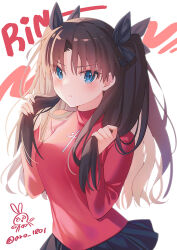  aro_1801 black_skirt blue_eyes blush breasts brown_hair fate/stay_night fate_(series) female hair_ribbon long_hair long_sleeves looking_at_viewer medium_breasts red_sweater ribbon skirt solo sweater tohsaka_rin two_side_up 