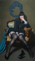  armchair between_legs black_dress black_hair black_shoes black_thighhighs blue_ribbon blunt_bangs chair cushion dress female frills garter_straps grey_background hand_between_legs hand_on_chair hand_on_own_face hand_up high_heels long_hair long_sleeves looking_at_viewer mishima_tetsuya oil_painting_(medium) on_chair original painting_(medium) ribbon shoes single_shoe sitting solo straight_hair thighhighs thighs traditional_media unworn_shoes 