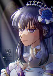  black_hair breasts choker cleavage dress female fire_emblem fire_emblem:_genealogy_of_the_holy_war fire_emblem_heroes flower hair_flower hair_ornament highres larcei_(bride_of_astra)_(fire_emblem) larcei_(fire_emblem) large_breasts looking_at_viewer okame_inco_feh short_hair smile upper_body white_dress 