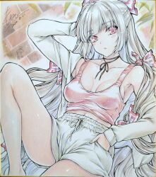  absurdres arm_behind_head black_ribbon bow breasts choker collarbone colored_pencil_(medium) commentary_request female fujiwara_no_mokou hairbow hand_in_pocket highres jacket long_hair long_sleeves looking_at_viewer monety multiple_hair_bows open_clothes open_jacket pink_eyes pink_tank_top ribbon ribbon_choker shorts solo tank_top touhou traditional_media very_long_hair white_hair white_jacket white_shorts 