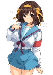  absurdres armband bikini bikini_bottom_only bikini_under_skirt blue_sailor_collar blue_skirt breasts brown_eyes closed_mouth cowboy_shot female hair_ribbon hairband haruhisky highres kita_high_school_uniform large_breasts long_sleeves looking_at_viewer medium_hair red_armband ribbon sailor_collar school_uniform serafuku side-tie_bikini_bottom simple_background skirt solo standing suzumiya_haruhi suzumiya_haruhi_no_yuuutsu swimsuit thighs variant_set white_background yellow_bikini yellow_hairband yellow_ribbon 