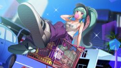  364ing absurdres aqua_hair baseball_cap belt black_belt black_hat blowing_bubbles breasts cali_calypso camisole character_doll chewing_gum cleavage collarbone female hat heart highres indie_virtual_youtuber long_hair monster_girl palm_tree pants purple_eyes purple_nails purple_pants scylla second-party_source shoes shopping_cart sky solo tentacle_hair tree twitch.tv virtual_youtuber white_camisole white_shoes 