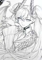  art_tools_in_frame commentary_request eyelashes fate/grand_order fate_(series) female graphite_(medium) greyscale hair_between_eyes highres horns lilith_(fate) long_hair looking_at_viewer monochrome pointy_ears seishun_dendeke smile solo traditional_media twintails 