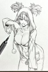  art_tools_in_frame breasts collarbone commentary_request diagonal_bangs female graphite_(medium) greyscale highres juri_han large_breasts leaning_forward looking_at_viewer monochrome navel no_panties official_alternate_costume onesie seishun_dendeke smile solo street_fighter street_fighter_6 traditional_media v zipper zipper_pull_tab 