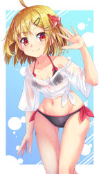  ahoge bikini bikini_under_clothes black_bikini blonde_hair blush closed_mouth commentary_request fang_out female groin hair_ornament hair_ribbon hairclip hand_up highres looking_at_viewer navel oerba_yun_fang off_shoulder red_eyes red_ribbon ribbon rumia see-through shirt short_sleeves smile solo standing swimsuit tied_shirt touhou uumaru wet wet_clothes wet_shirt white_shirt 