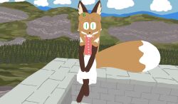  4chan animated anthro averi_(fiddleafox) brown_body brown_fur canid canine clothing cloud clover_(plant) clover_leaf detailed_background dipstick_tail female female_anthro fox fur gloves_(marking) green_eyes hair hi_res leaf leg_markings looking_at_viewer mammal markings mountain plant sitting sky socks_(marking) solo tail tail_markings unknown_artist wall_(structure) white_body white_fur 