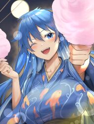  absurdres alternate_breast_size alternate_costume blue_eyes blue_hair blue_kimono breasts duel_monster eria_(yu-gi-oh!) female highres holding_cotton_candy japanese_clothes kimono large_breasts long_hair one_eye_closed open_mouth sayaka_ikku solo yu-gi-oh! 