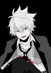  1boy ascot atomic15 blood blood_on_clothes collared_shirt fate/grand_order fate_(series) greyscale hair_between_eyes jacket jacket_on_shoulders jekyll_and_hyde_(fate) looking_at_viewer lower_teeth_only male_focus monochrome open_mouth red_eyes shirt short_hair sitting solo spot_color teeth 