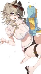  :d absurdres awe_(adorableduckyy) belt black_shorts blush breasts brown_belt brown_eyes brown_hair cleavage commentary crossed_bangs female hair_between_eyes hair_intakes highres holding holding_water_gun honkai_(series) honkai_impact_3rd large_breasts long_hair looking_at_viewer navel official_alternate_costume red_pupils shorts single_barefoot smile solo stomach symbol-only_commentary thigh_belt thigh_strap thighs vill-v water_gun wet white_shrug 