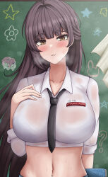  black_necktie blunt_bangs blush book bra_visible_through_clothes breasts brown_eyes brown_hair chalkboard collared_shirt cowboy_shot crop_top cropped_shirt curtains doro_(nikke) dorothy_(nikke) english_commentary female goddess_of_victory:_nikke half_updo hand_on_own_chest highres holding holding_book large_breasts long_hair looking_at_viewer marciana_(nikke) midriff name_tag navel navel_piercing necktie official_alternate_costume parted_lips piercing rabbitttt shirt sidelocks sleeves_rolled_up solo standing star_(symbol) steam sweat very_long_hair wet wet_clothes wet_shirt white_shirt 