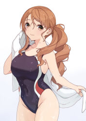  black_one-piece_swimsuit blush breasts brown_eyes brown_hair competition_swimsuit covered_navel female kantai_collection large_breasts littorio_(kancolle) long_hair mitsuyo_(mituyo324) multicolored_clothes multicolored_swimsuit one-piece_swimsuit ponytail smile solo swimsuit towel wavy_hair 