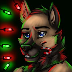  anthro black_background black_body black_ears black_fur blue_eyes brown_body brown_fur brown_inner_ear brown_inner_ear_fluff bust_portrait candy_in_mouth canid cheek_tuft facial_tuft fur glistening glistening_eyes head_tuft inner_ear_fluff low_res male mammal neck_tuft portrait simple_background solo tuft yaoifairy 