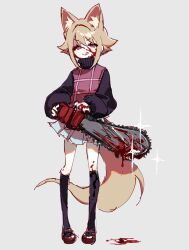  :q animal_ears blood blood_on_clothes blood_on_face blood_on_hands blood_on_weapon brown_footwear chainsaw checkered_clothes checkered_shirt female full_body highres holding holding_chainsaw kneehighs long_sleeves miniskirt nonsensemanna purple_shirt shirt simple_background skirt socks solo sparkle standing sweater tail tongue tongue_out turtleneck turtleneck_sweater urotsuki weapon white_background white_skirt wolf_ears wolf_tail yume_2kki 