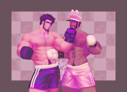  2boys abs animal_ears bara beard black_hair boxing_gloves cowboy_shot danny_(felixnosi) dark-skinned_male dark_skin facial_hair fake_animal_ears filia_(bananafilia) from_behind full_beard hairy highres large_pectorals male_focus mature_male multiple_boys muscular muscular_male navel navel_hair nipples original pectorals rabbit_ears short_hair smirk sparse_chest_hair stomach thick_navel_hair topless_male wrestler 