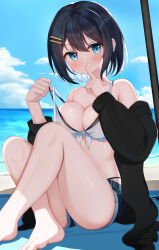  a4_takahashi absurdres beach_umbrella bikini bikini_pull bikini_top_pull black_hair black_jacket blue_eyes blue_sky blush breasts clothes_pull colored_inner_hair denim denim_shorts female finger_to_mouth hair_ornament hairclip highleg highleg_bikini highres jacket large_breasts long_sleeves looking_at_viewer multicolored_hair ocean off_shoulder original sand short_hair shorts sitting sky smile solo swimsuit umbrella white_hair 