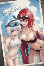  2girls :d ;d absurdres ahoge bare_shoulders bikini black_bikini black_choker blush breasts choker cleavage collarbone commentary eyewear_on_head frilled_bikini frills goddess_of_victory:_nikke hair_between_eyes hair_flaps hair_intakes highres large_breasts long_hair looking_at_viewer multi-strapped_bikini_bottom multiple_girls navel no_horns ocean one_eye_closed open_mouth photo_(object) red_hair red_hood_(nikke) sagle sidelocks small_breasts smile snorkel snow_white_(innocent_days)_(nikke) snow_white_(nikke) standing stomach sunglasses swimsuit thigh_strap v very_long_hair white_bikini white_hair wristband yellow_eyes 